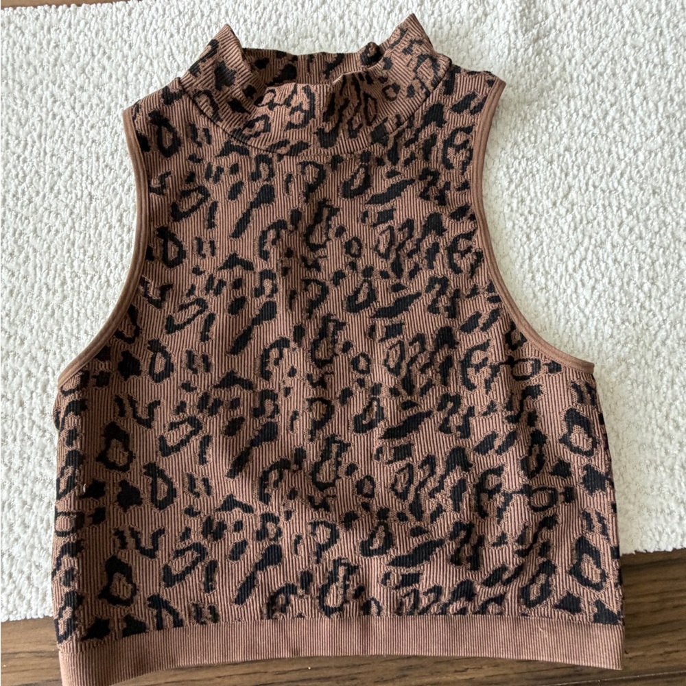 Bozzolo Brown & Black Leopard Ribbed Mock Neck Crop Top